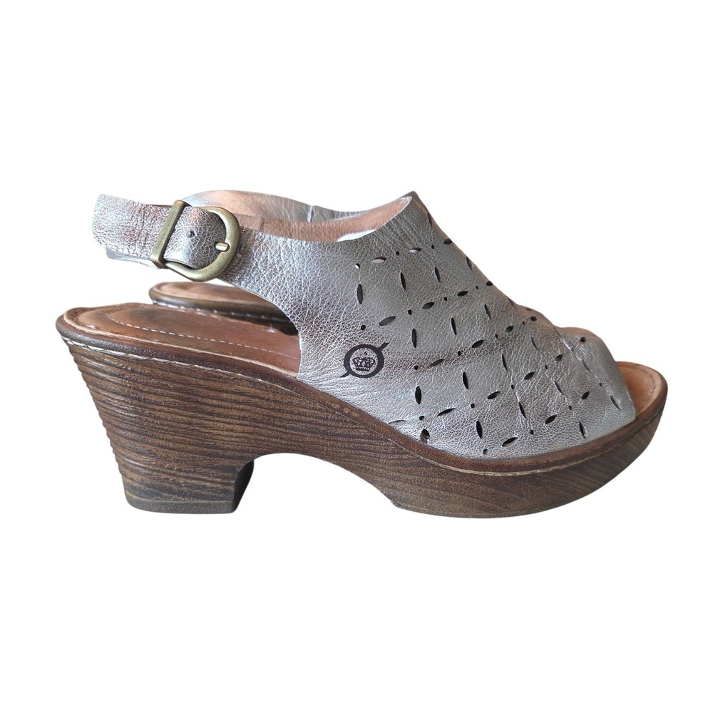 Born Sandals Leather Laser Cut Block Heel Slingback Silver Boho Casual Women 7M